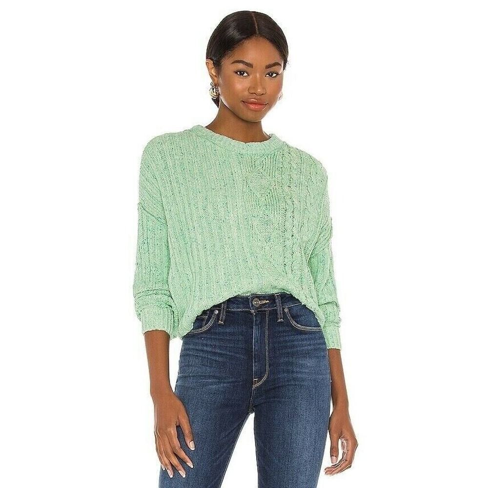 $98 FREE PEOPLE On Your Side Pullover Mint Green Chunky Knit Sweater Designer M